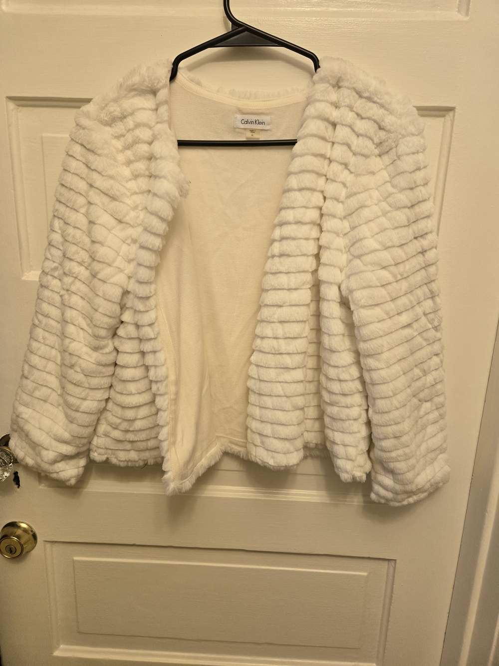 Calvin Klein White Faux-Fur Ribbed Open Jacket